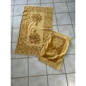Vintage Sears Bath & Hand Towels 2 Gold Brown Orange Color Block Fringe Hem